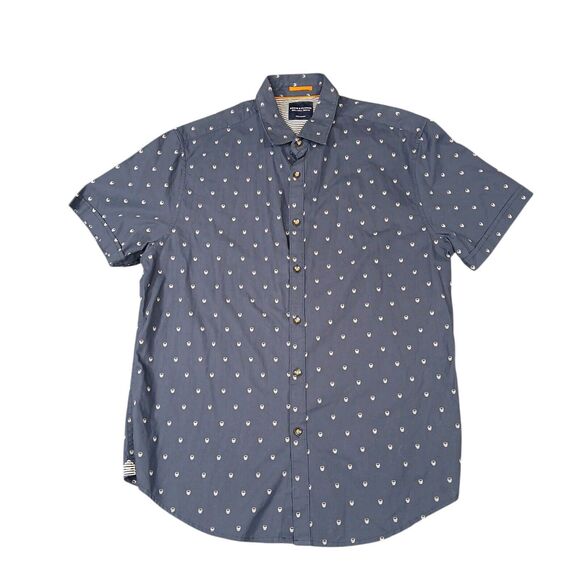 Denim‎ & Flower Ricky Singh Button Up Shirt Men's Large Blue Skull Pattern - Picture 1 of 10